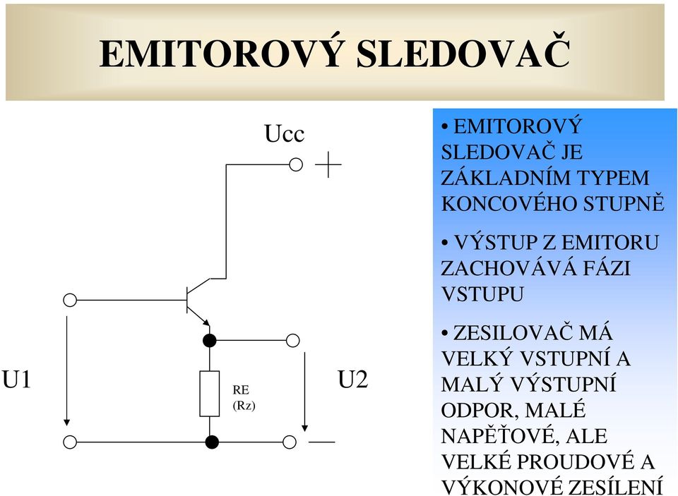 VSTUPU U1 RE (Rz) U2 ZESILOVAČ MÁ VELKÝ VSTUPNÍ A MALÝ