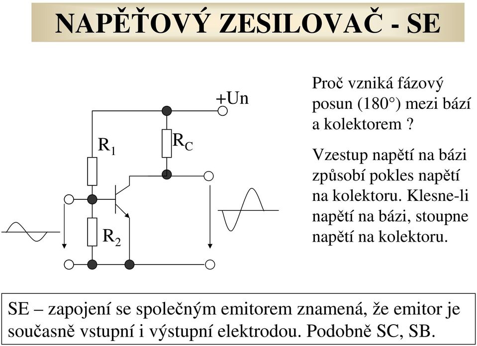 Klesne-li napětí na bázi, stoupne napětí na kolektoru.