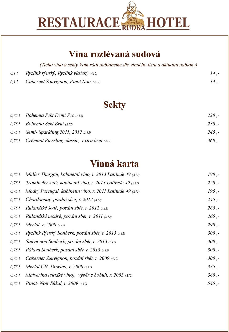 0,75 l Muller Thurgau, kabinetní víno, r. 2013 Latitude 49 (A12) 190,- 0,75 l Tramín červený, kabinetní víno, r. 2013 Latitude 49 (A12) 220,- 0,75 l Modrý Portugal, kabinetní víno, r.