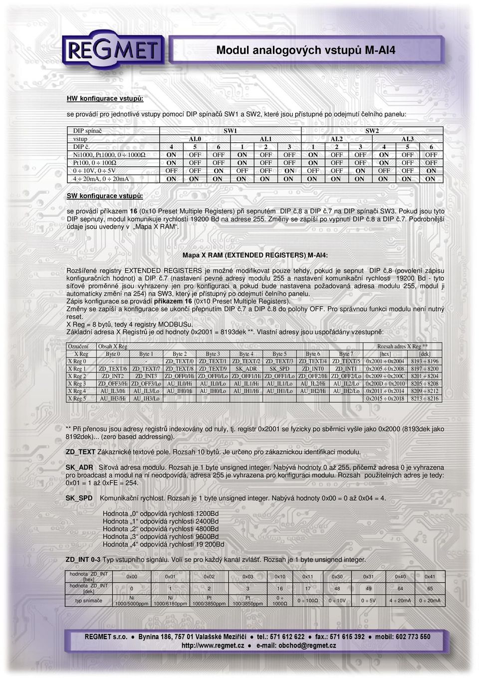 OFF ON 4 20mA, 0 20mA ON ON ON ON ON ON ON ON ON ON ON ON SW konfigurace vstupů: se provádí příkazem 16 (0x10 Preset Multiple Registers) při sepnutém DIP č.8 a DIP č.7 na DIP spínači SW3.