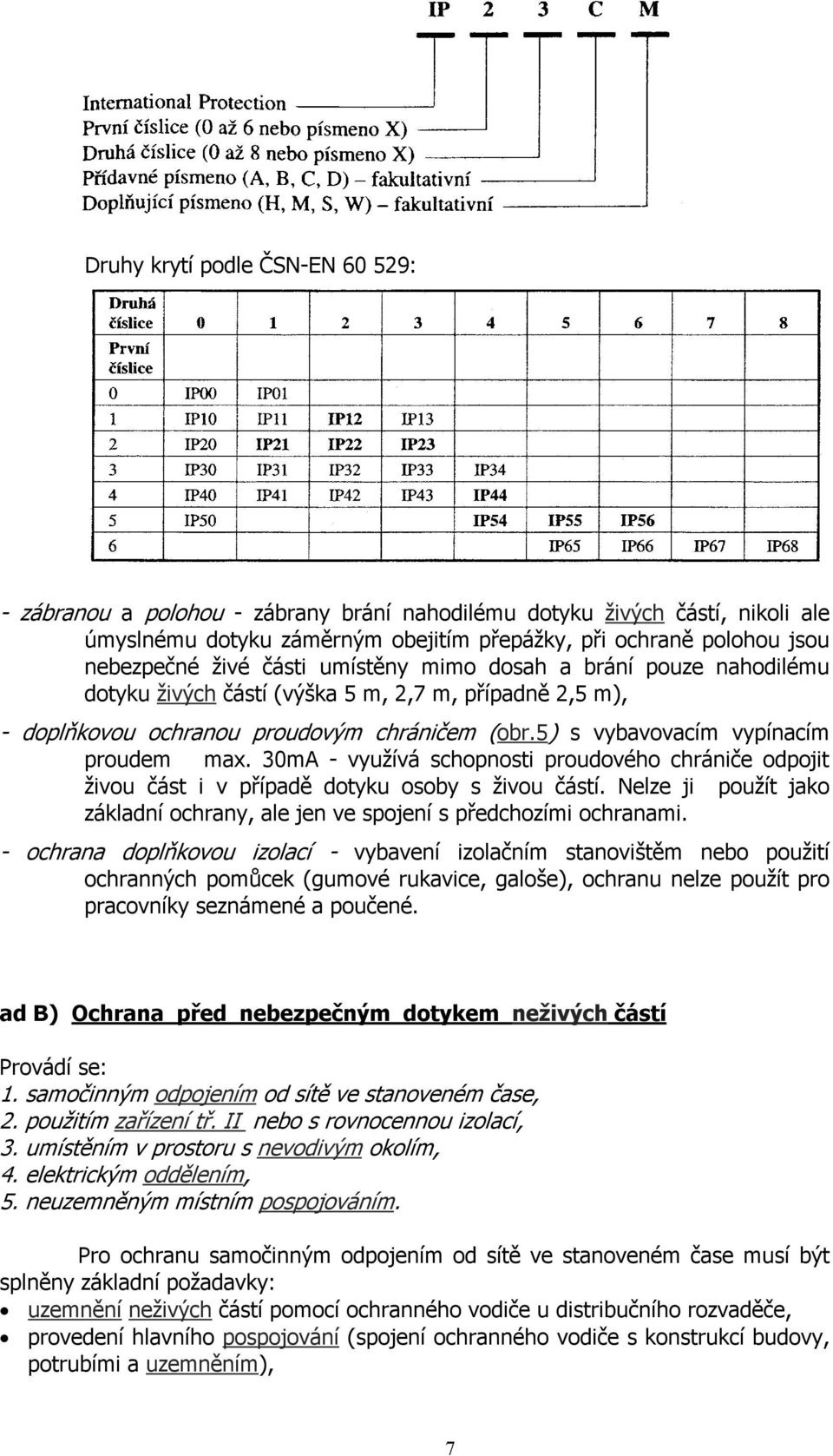 30mA - využívá schopnosti proudového chrániče odpojit živou část i v případě dotyku osoby s živou částí. Nelze ji použít jako základní ochrany, ale jen ve spojení s předchozími ochranami.