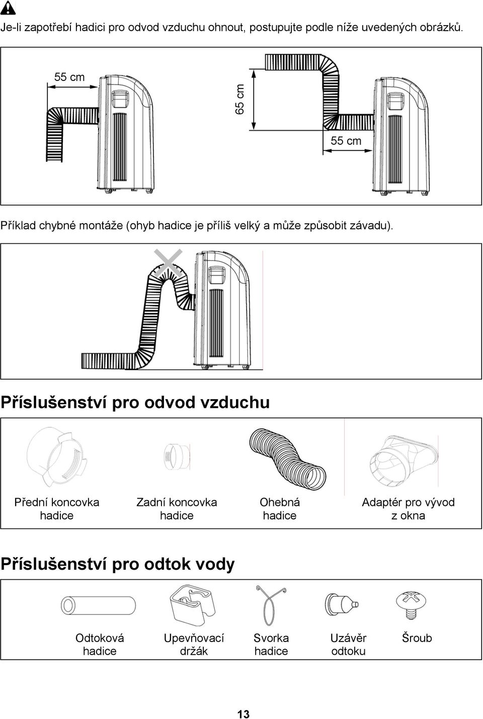 Příslušenství pro odvod vzduchu Přední koncovka hadice Zadní koncovka hadice Ohebná hadice Adaptér