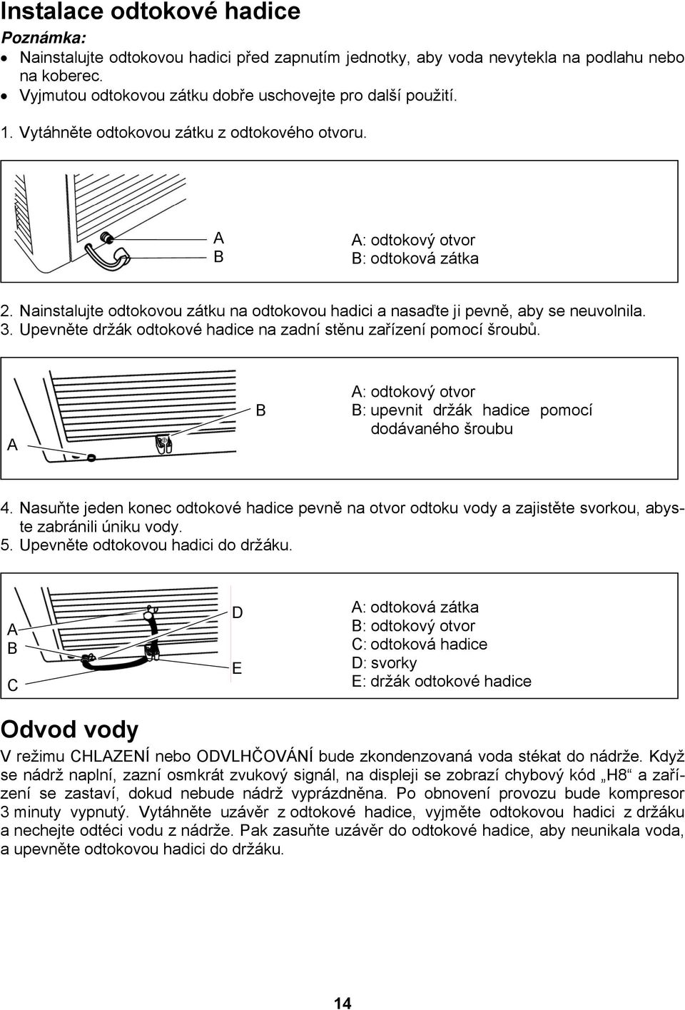 Upevněte držák odtokové hadice na zadní stěnu zařízení pomocí šroubů. A B A: odtokový otvor B: upevnit držák hadice pomocí dodávaného šroubu 4.