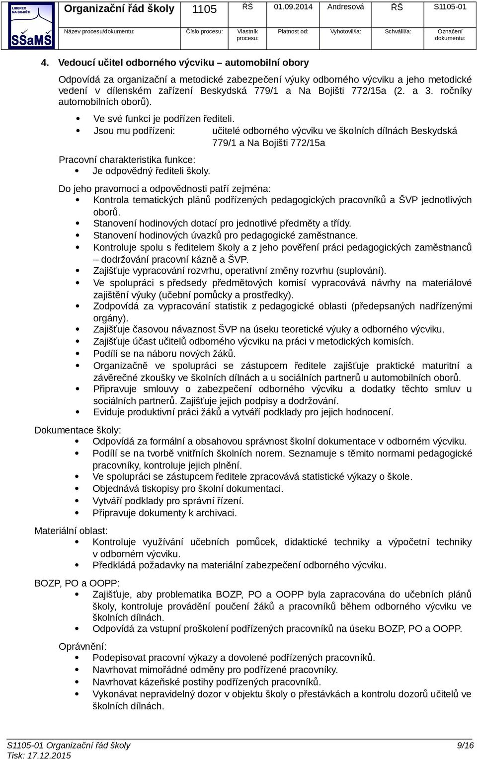 772/15a (2. a 3. ročníky automobilních oborů). Ve své funkci je podřízen řediteli.