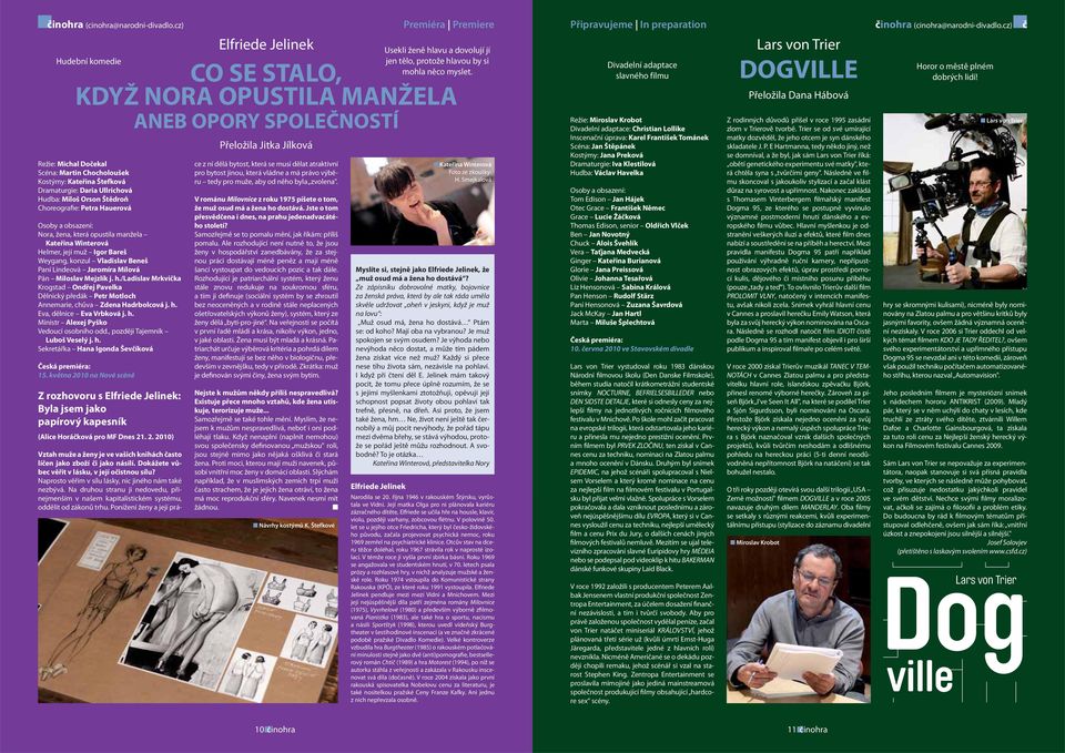 Nora, žena, která opustila manžela Kateřina Winterová Helmer, její muž Igor Bareš Weygang, konzul Vladislav Beneš Paní Lindeová Jaromíra Mílová Pán Miloslav Mejzlík j. h.