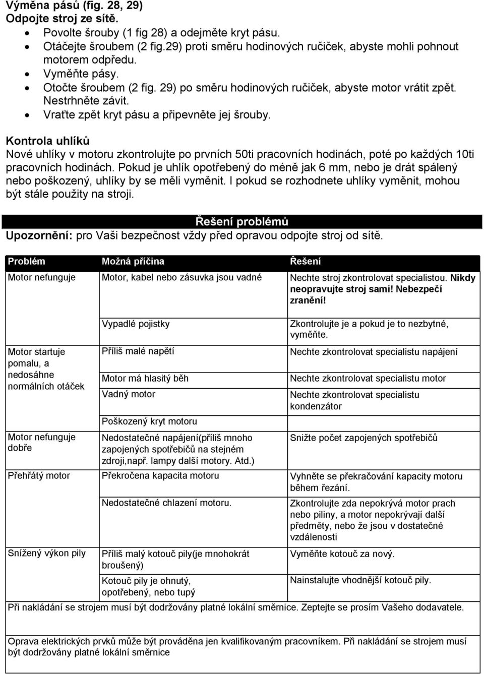 Kontrola uhlíků Nové uhlíky v motoru zkontrolujte po prvních 50ti pracovních hodinách, poté po každých 10ti pracovních hodinách.