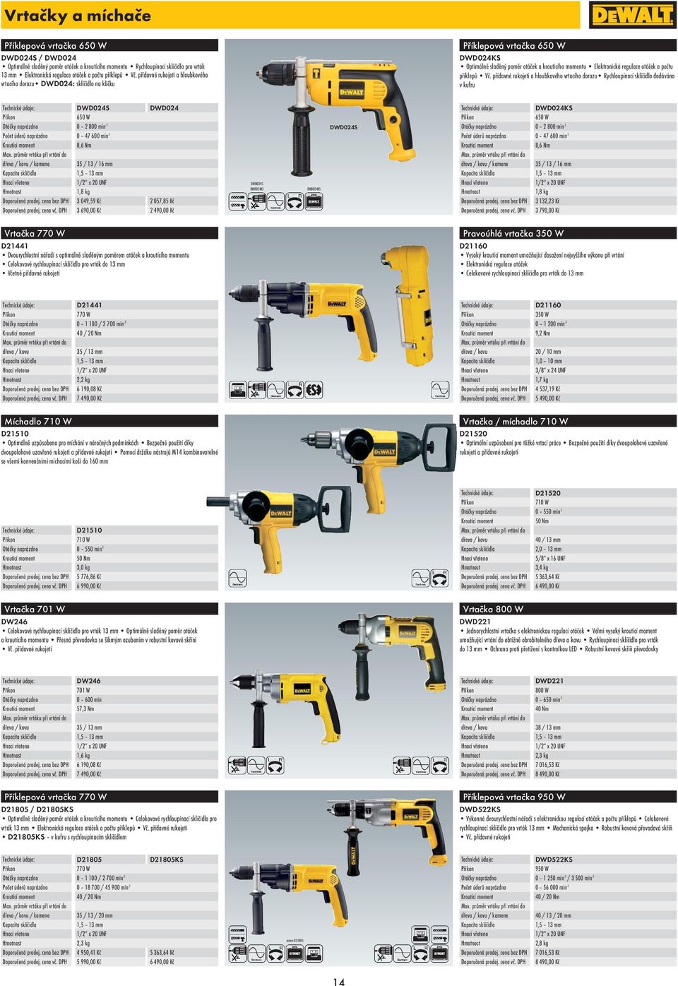 přídavné rukojeti a hloubkového vrtacího dorazu DWD024: sklíčidlo na kličku dřeva / kovu / kamene Kapacita sklíčidla Hnací vřeteno DWD024S 650 W 0 2 800 min-1 0 47 600 min-1 8,6 Nm 35 / 13 / 16 mm