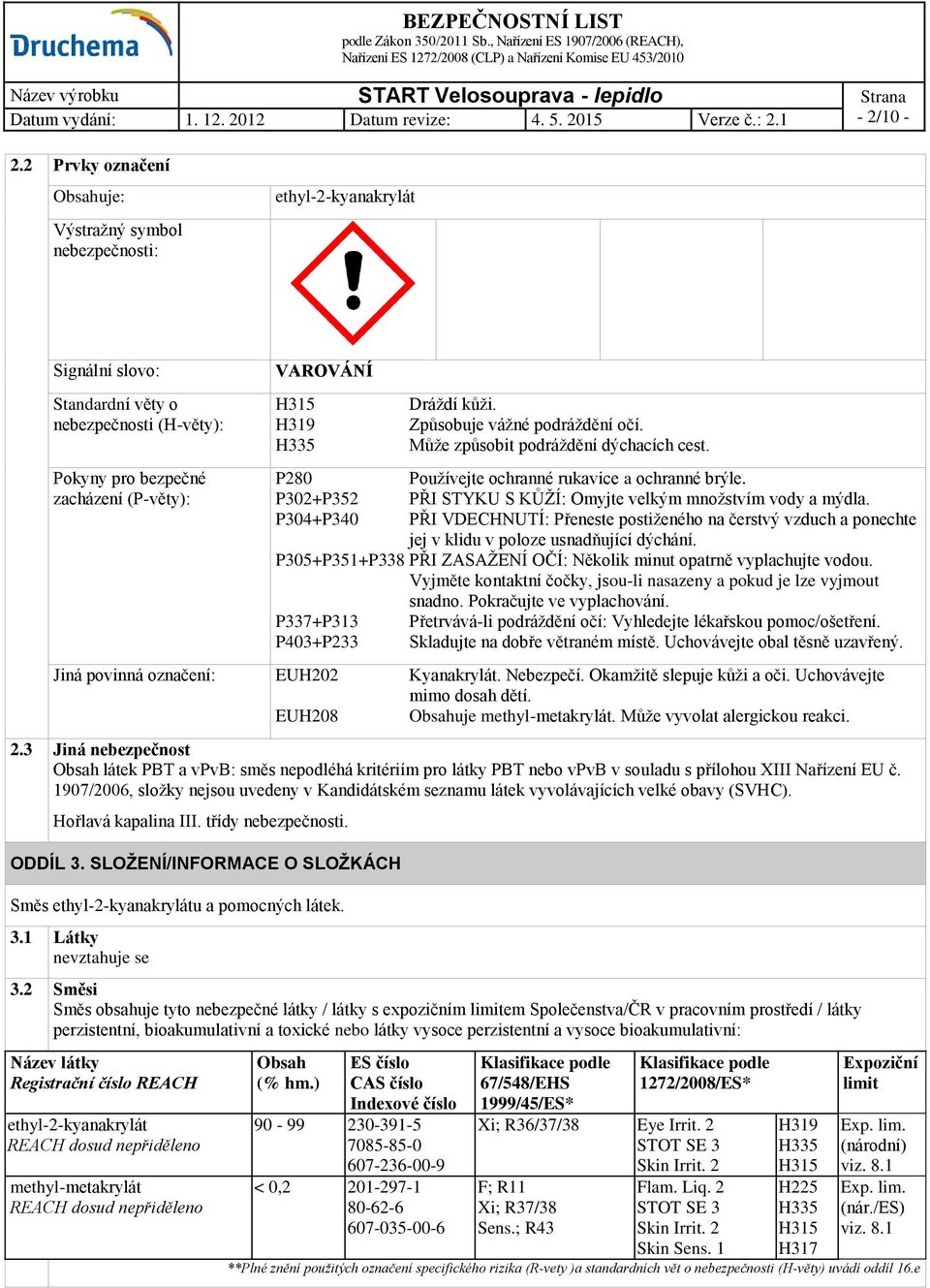 H335 P280 P302+P352 P304+P340 Dráždí kůži. Způsobuje vážné podráždění očí. Může způsobit podráždění dýchacích cest. Používejte ochranné rukavice a ochranné brýle.