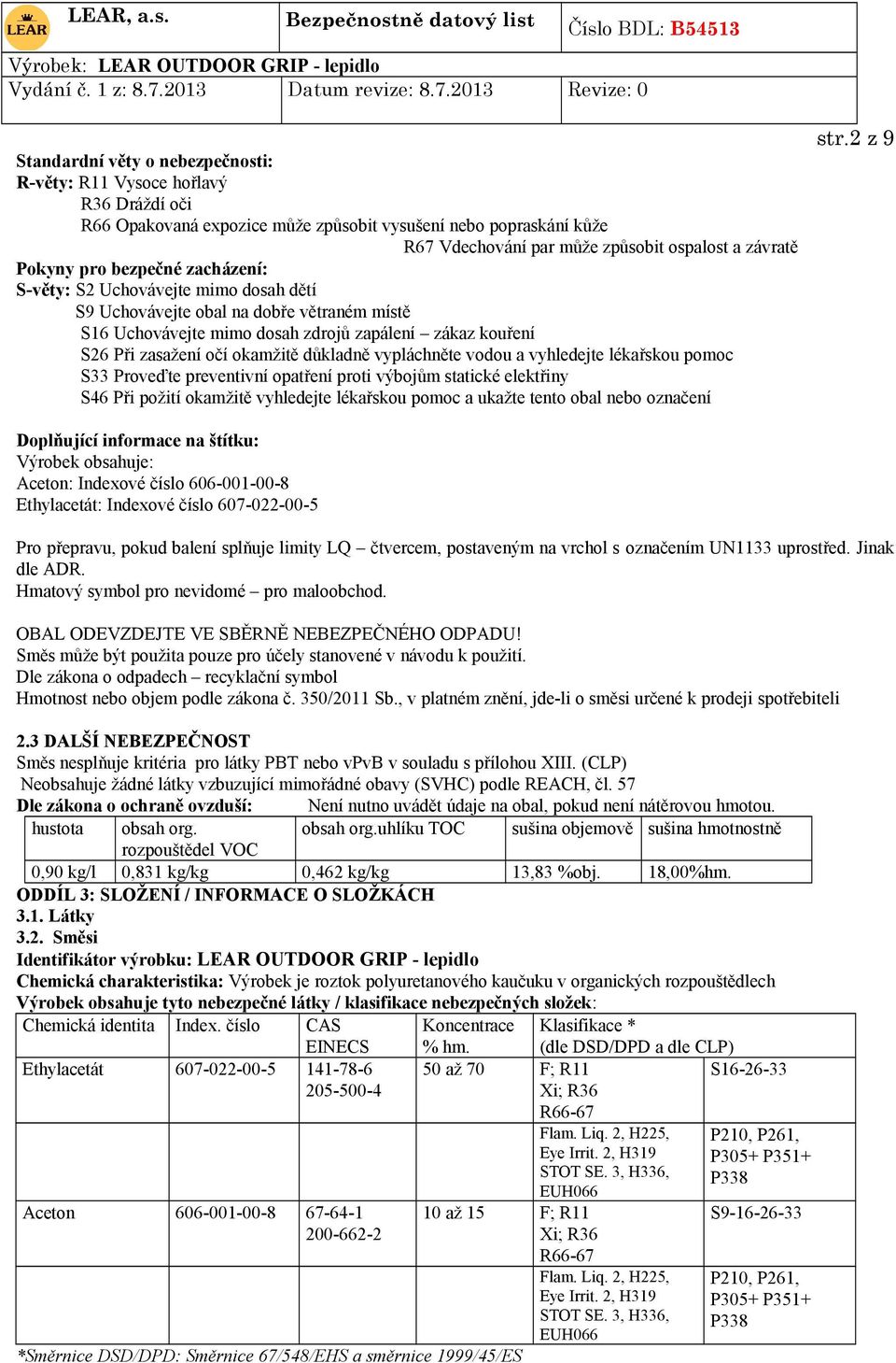 okamžitě důkladně vypláchněte vodou a vyhledejte lékařskou pomoc S33 Proveďte preventivní opatření proti výbojům statické elektřiny S46 Při požití okamžitě vyhledejte lékařskou pomoc a ukažte tento