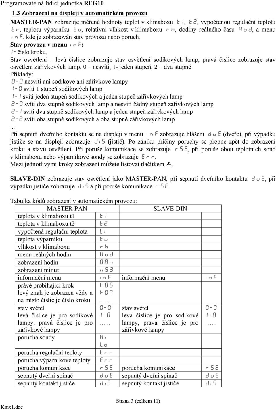 Stav provozu v menu inf: I- číslo kroku, Stav osvětlení levá číslice zobrazuje stav osvětlení sodíkových lamp, pravá číslice zobrazuje stav osvětlení zářivkových lamp.