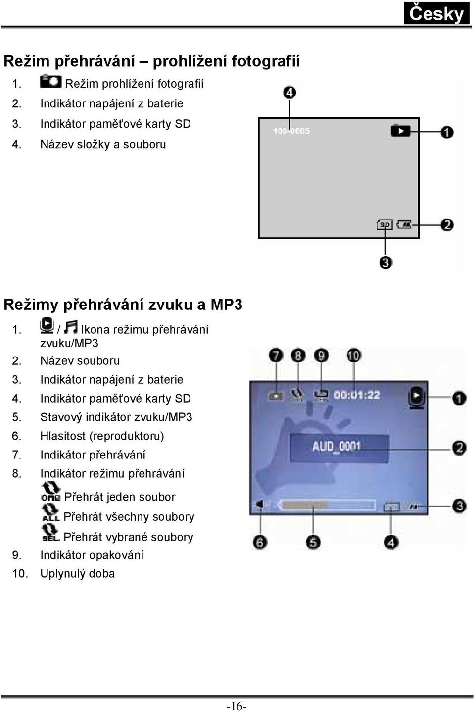 Název souboru 3. Indikátor napájení z baterie 4. Indikátor paměťové karty SD 5. Stavový indikátor zvuku/mp3 6.