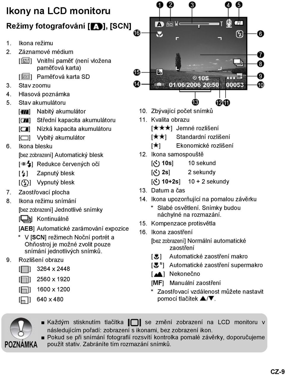 Ikona blesku [bez zobrazení] Automatický blesk [ ] Redukce červených očí [ ] Zapnutý blesk [ ] Vypnutý blesk 7. Zaostřovací plocha 8.