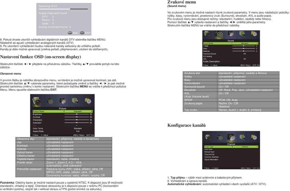 Pomocí tlačítek / vyberte nastavení a tlačítky / změňte jeho parametry. Stisknutím tlačítka MENU se vrátíte do předchozí nabídky. 8.