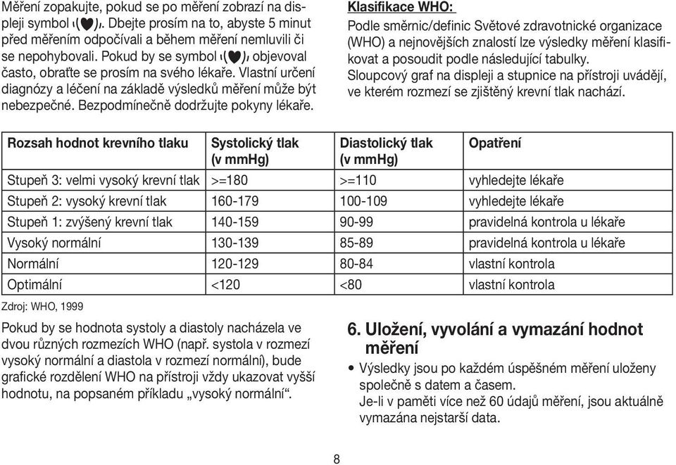 Klasifikace WHO: Podle směrnic/definic Světové zdravotnické organizace (WHO) a nejnovějších znalostí lze výsledky měření klasifikovat a posoudit podle následující tabulky.