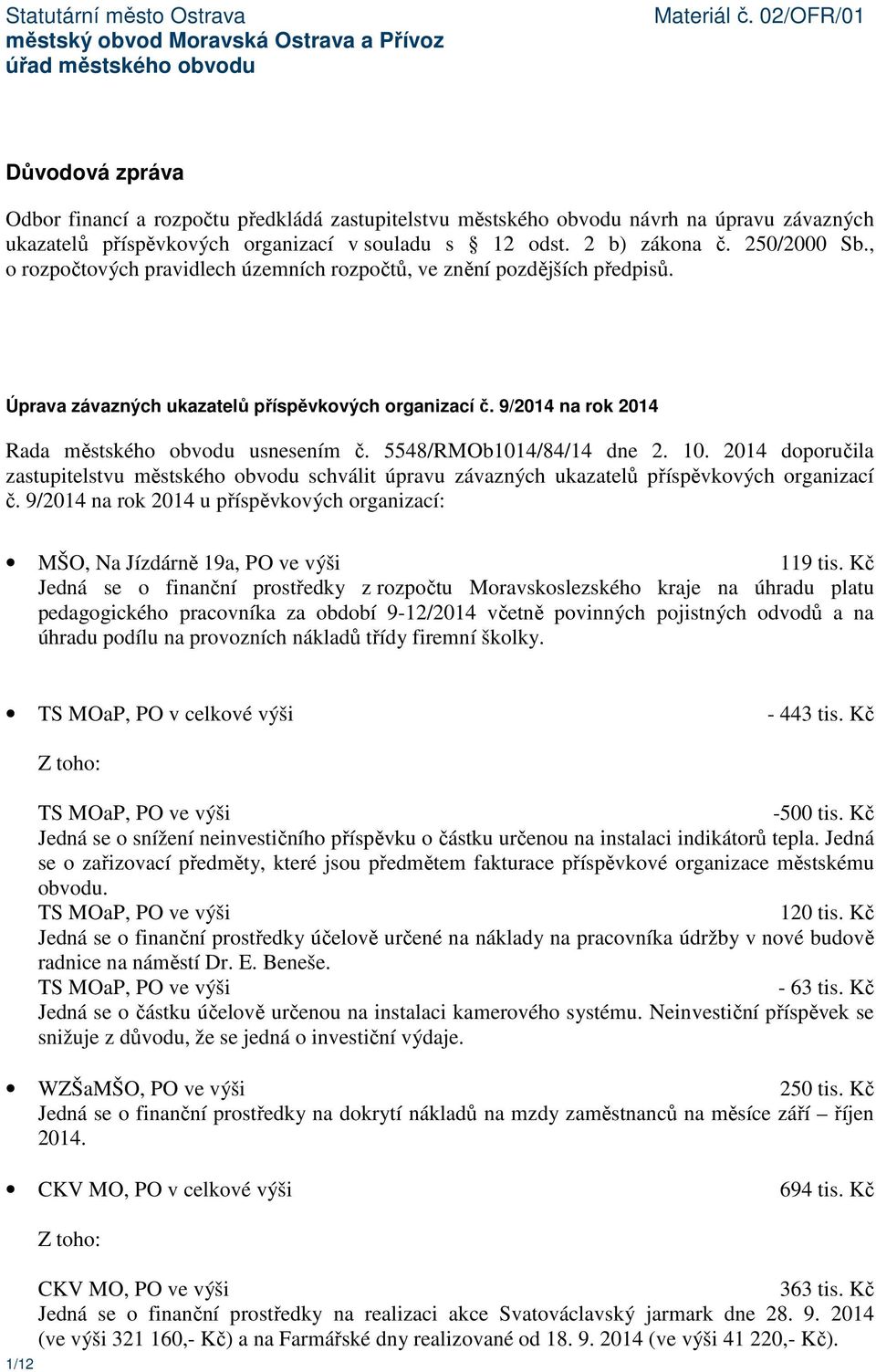 5548/RMOb1014/84/14 dne 2. 10. 2014 doporučila č. 9/2014 na rok 2014 u příspěvkových organizací: MŠO, Na Jízdárně 19a, PO ve výši 119 tis.