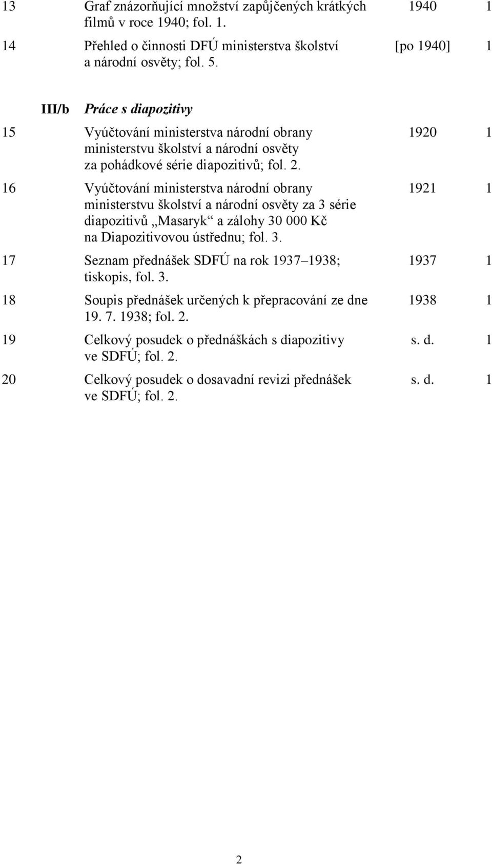 16 Vyúčtování ministerstva národní obrany ministerstvu školství a národní osvěty za 3 série diapozitivů Masaryk a zálohy 30 000 Kč na Diapozitivovou ústřednu; fol. 3. 17 Seznam přednášek SDFÚ na rok 1937 1938; tiskopis, fol.