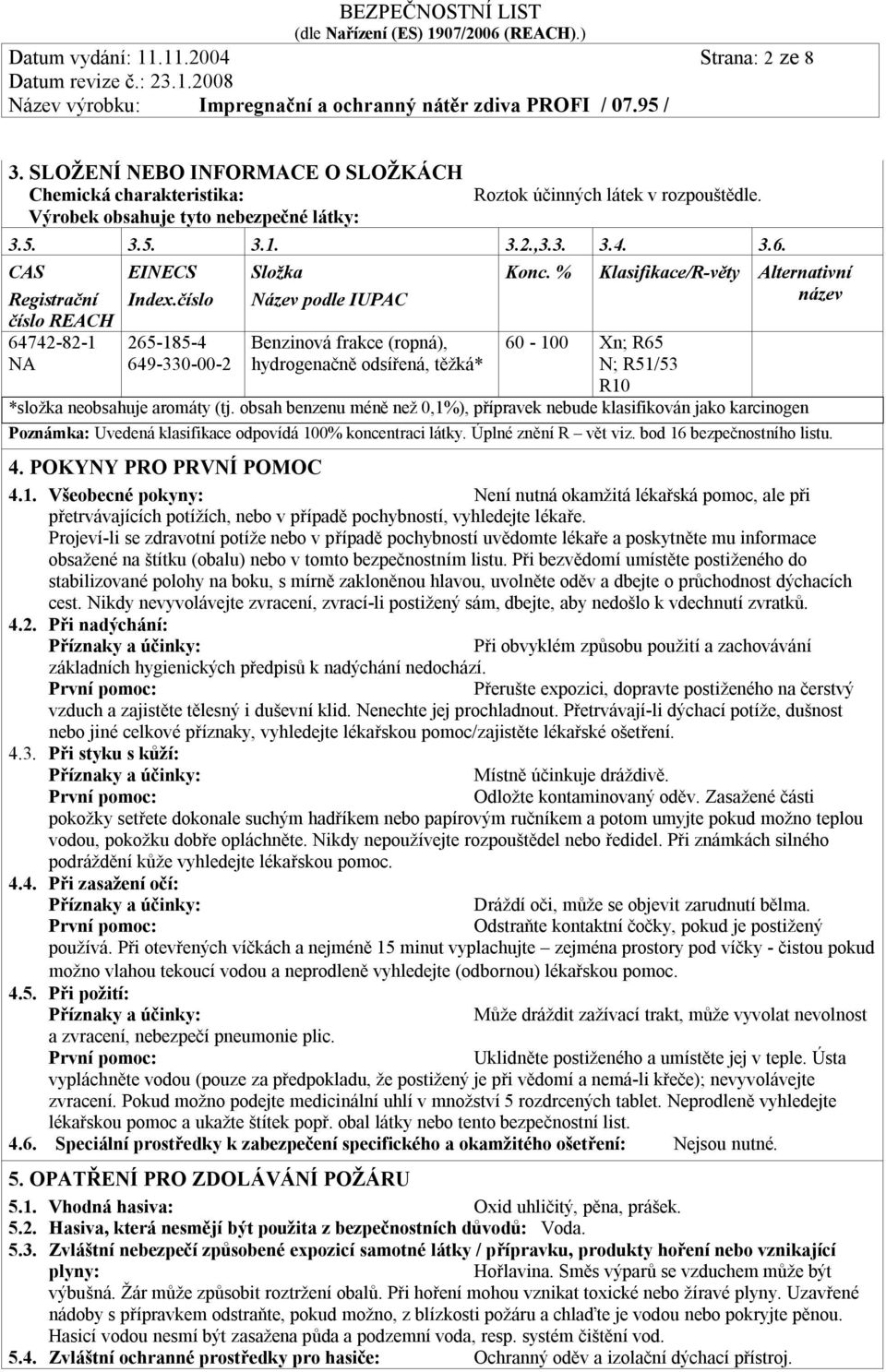 % Klasifikace/R-věty Alternativní název 265-185-4 649-330-00-2 Benzinová frakce (ropná), hydrogenačně odsířená, těžká* 60-100 Xn; R65 N; R51/53 R10 *složka neobsahuje aromáty (tj.
