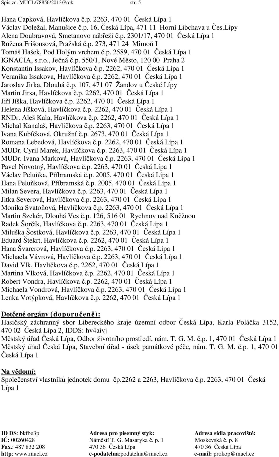 r.o., Ječná č.p. 550/1, Nové Město, 120 00 Praha 2 Konstantin Issakov, Havlíčkova č.p. 2262, 470 01 Česká Lípa 1 Veranika Issakova, Havlíčkova č.p. 2262, 470 01 Česká Lípa 1 Jaroslav Jirka, Dlouhá č.
