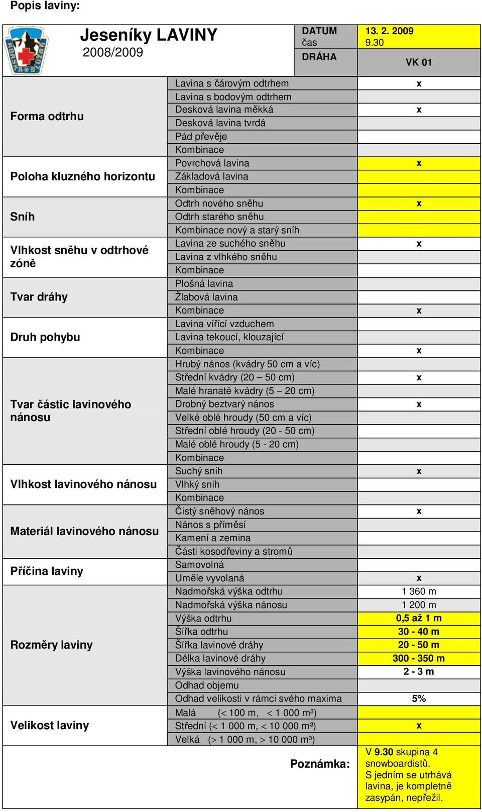 laviny Rozměry laviny Velikost laviny Lavina s čárovým odtrhem Lavina s bodovým odtrhem Desková lavina měkká Desková lavina tvrdá Pád převěje Povrchová lavina Základová lavina Odtrh nového sněhu