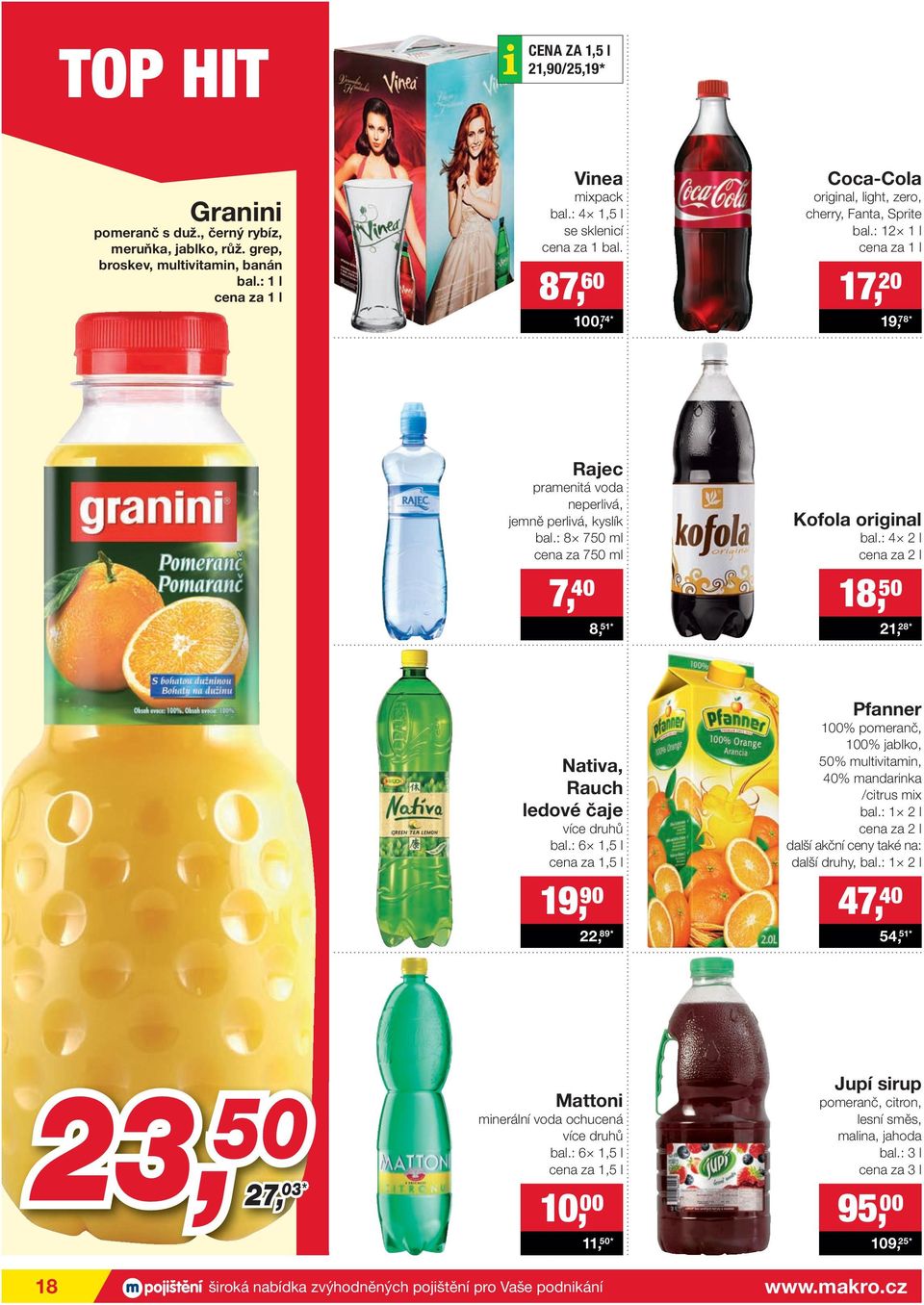 : 12 1 l cena za 1 l 17, 20 19, 78* Rajec pramenitá voda neperlivá, jemně perlivá, kyslík bal.: 8 750 ml cena za 750 ml 7, 40 8, 51* Kofola original bal.