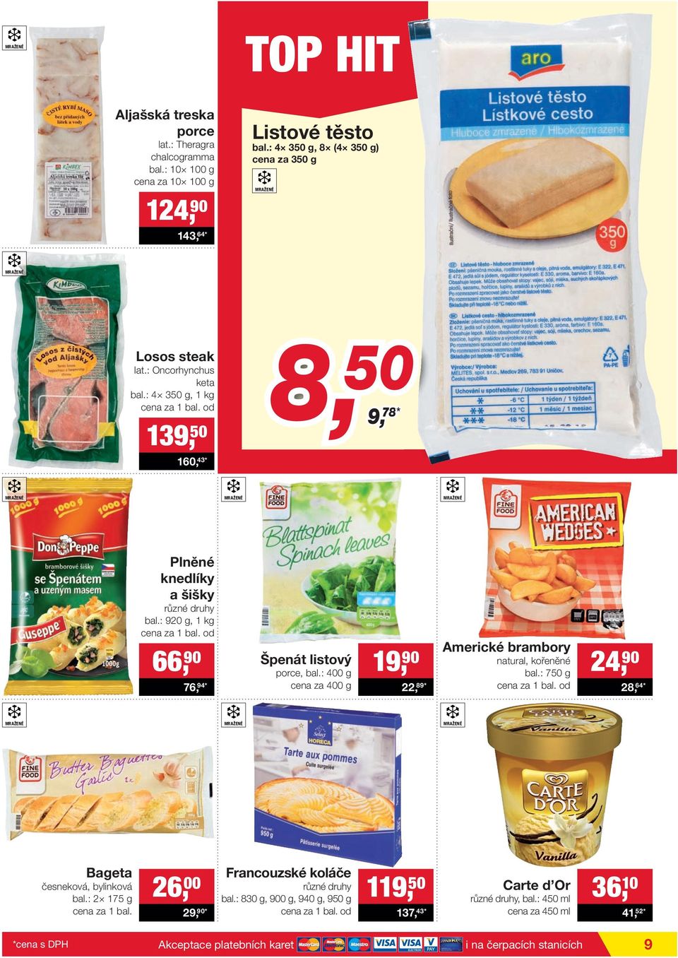 od 139, 50 160, 43* 8, 50 9, 9, 78* MRAŽENÉ MRAŽENÉ MRAŽENÉ Plněné knedlíky a šišky různé druhy bal.: 920 g, 1 kg cena za 1 bal. od 66, 90 76, 94* Špenát listový porce, bal.