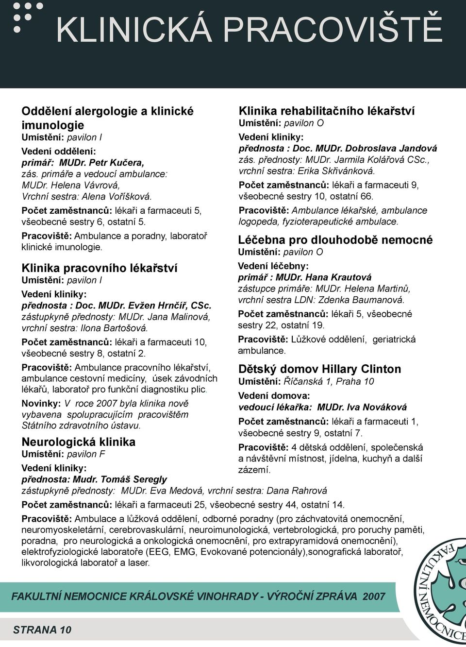 Pracoviště: Ambulance a poradny, laboratoř klinické imunologie. Klinika pracovního lékařství Umístění: pavilon I přednosta : Doc. Evžen Hrnčíř, CSc.