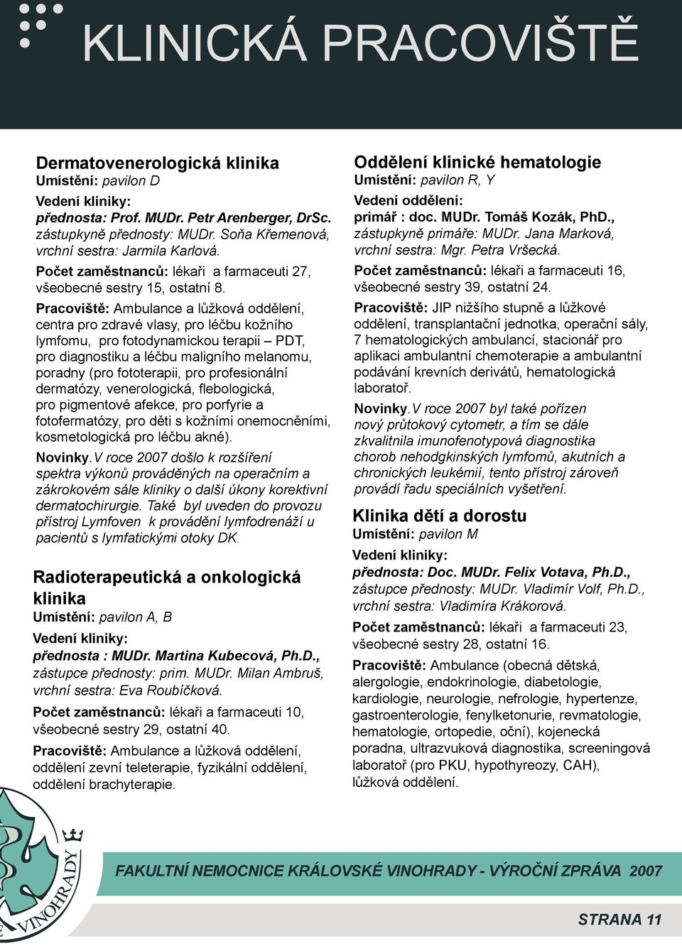 Pracoviště: Ambulance a lůžková oddělení, centra pro zdravé vlasy, pro léčbu kožního lymfomu, pro fotodynamickou terapii PDT, pro diagnostiku a léčbu maligního melanomu, poradny (pro fototerapii, pro