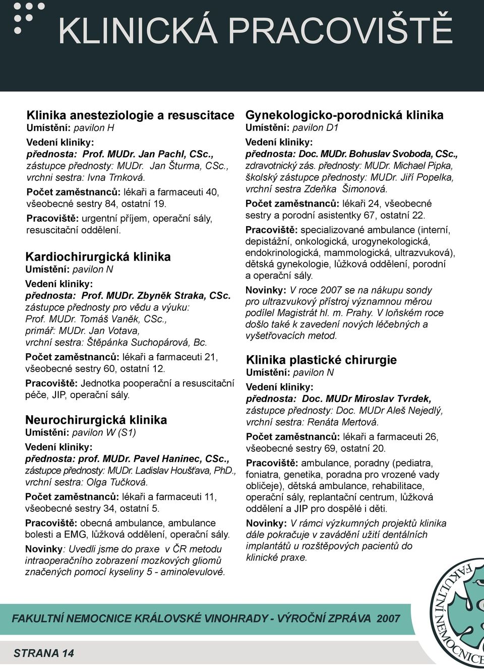 Kardiochirurgická klinika Umístění: pavilon N přednosta: Prof. Zbyněk Straka, CSc. zástupce přednosty pro vědu a výuku: Prof. Tomáš Vaněk, CSc.