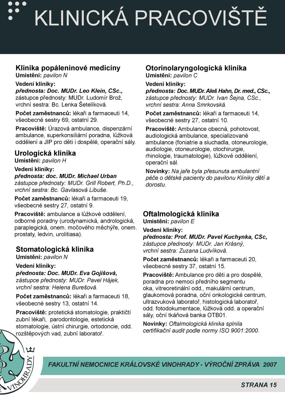 Pracoviště: Úrazová ambulance, dispenzární ambulance, superkonsiliární poradna, lůžková oddělení a JIP pro děti i dospělé, operační sály. Urologická klinika Umístění: pavilon H přednosta: doc.
