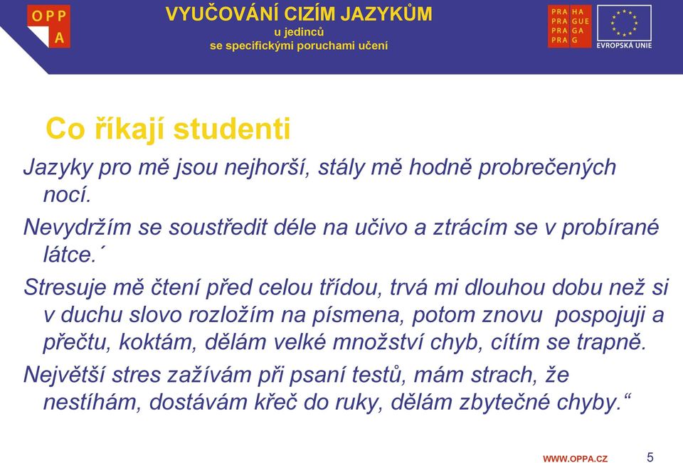 Stresuje mě čtení před celou třídou, trvá mi dlouhou dobu než si v duchu slovo rozložím na písmena, potom znovu