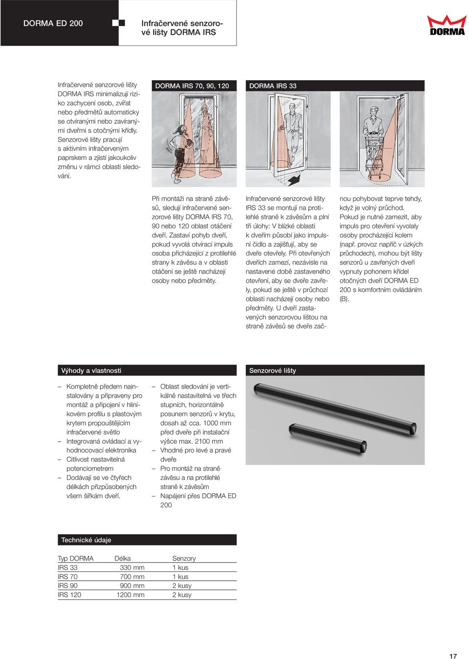 DORMA IRS 70, 90, 120 DORMA IRS 33 Pfii montáïi na stranû závûsû, sledují infraãervené senzorové li ty DORMA IRS 70, 90 nebo 120 oblast otáãení dvefií.