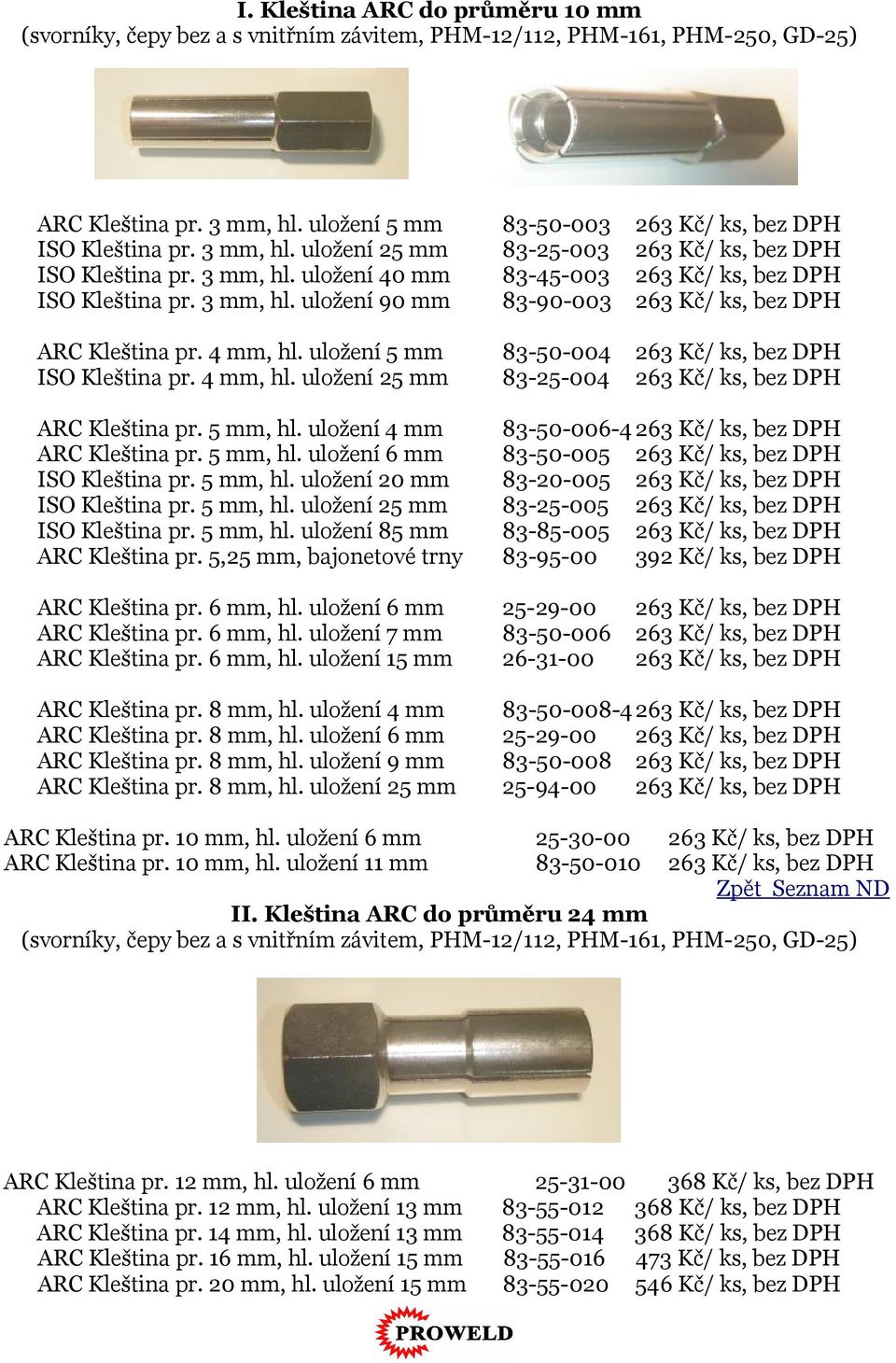 4 mm, hl. uložení 5 mm 83-50-004 263 Kč/ ks, bez ISO Kleština pr. 4 mm, hl. uložení 25 mm 83-25-004 263 Kč/ ks, bez ARC Kleština pr. 5 mm, hl. uložení 4 mm 83-50-006-4 263 Kč/ ks, bez ARC Kleština pr.