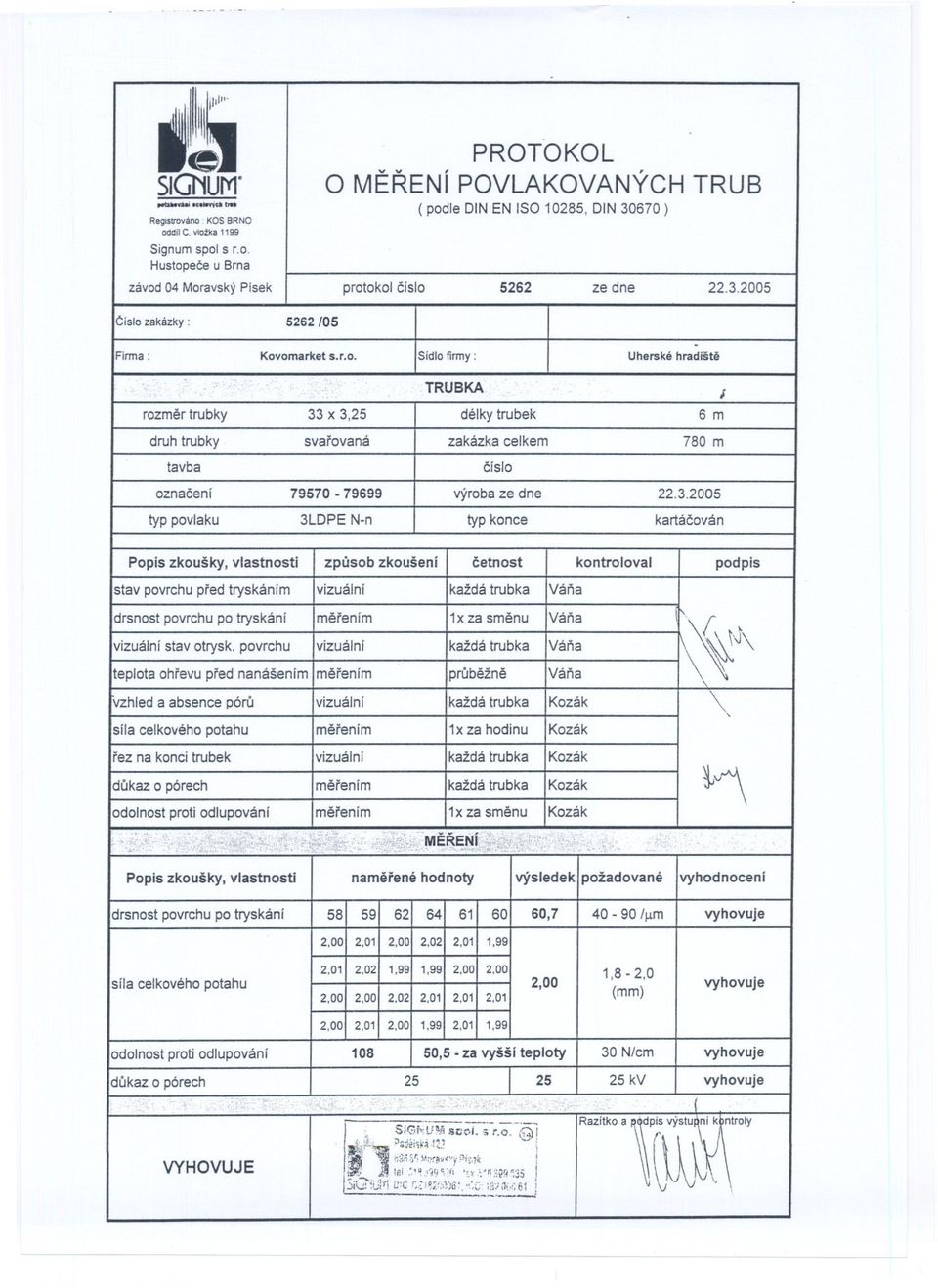 3,25 délky trubek 6m druh trubky svarovaná zakázka celkem 780 m oznacení 79570-79699 výroba ze dne 2232005 Popis zkoušky, vlastnosti zpusob zkoušení cetnost kontroloval podpis stav povrchupred