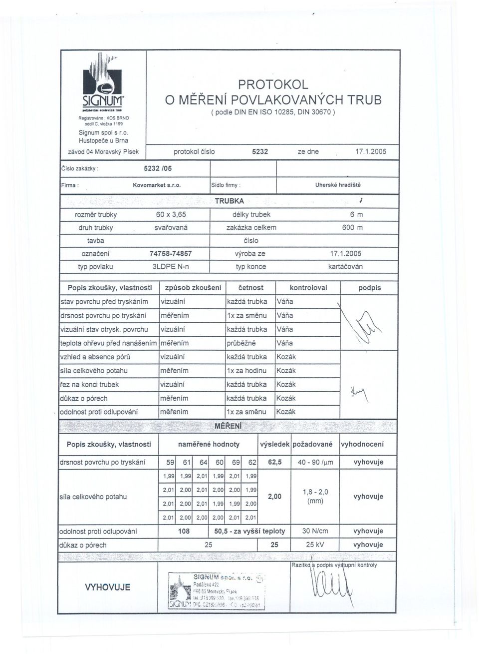 oznacení 74758-74857 výrobaze 1712005 Popis zkoušky, vlastnosti zpusob zkoušení cetnost kontroloval podpis stav povrchupred tryskáním vizuální každátrubka Vána 0 vizuálnístav otryskpovrchu vizuální