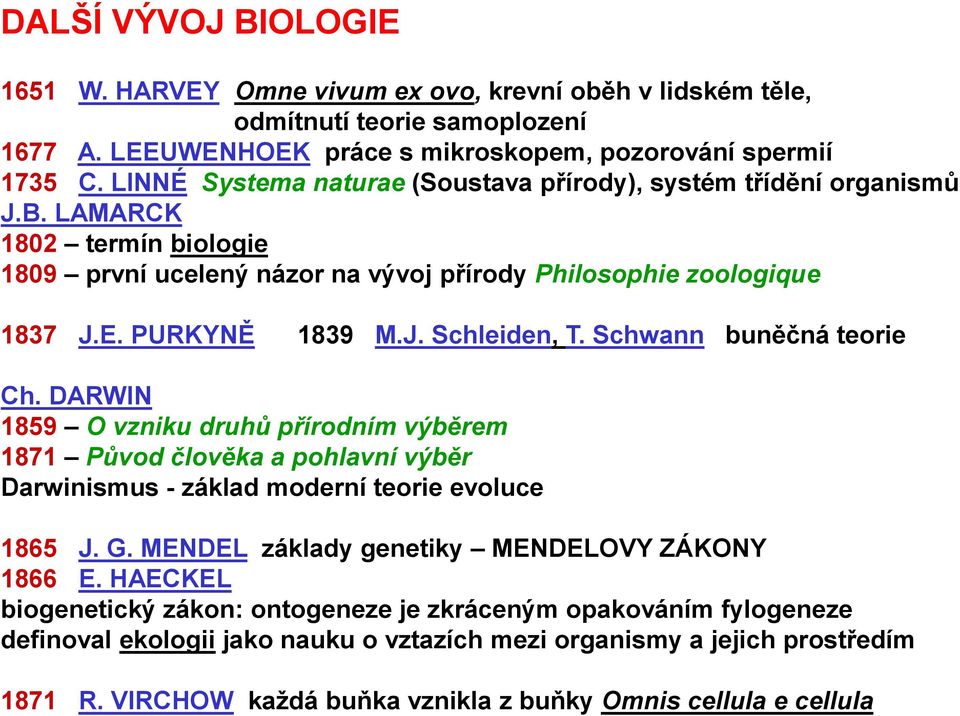 Schwann buněčná teorie Ch. DARWIN 1859 O vzniku druhů přírodním výběrem 1871 Původ člověka a pohlavní výběr Darwinismus - základ moderní teorie evoluce 1865 J. G.