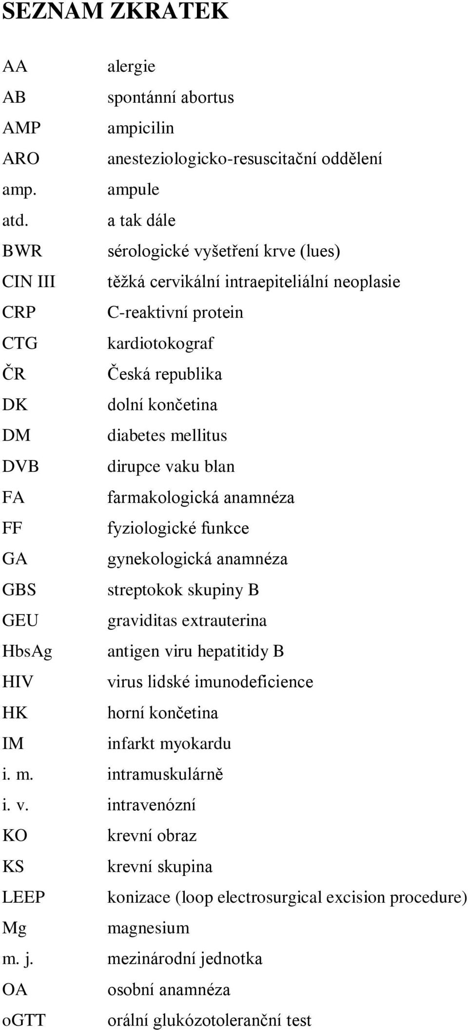 mellitus DVB dirupce vaku blan FA farmakologická anamnéza FF fyziologické funkce GA gynekologická anamnéza GBS streptokok skupiny B GEU graviditas extrauterina HbsAg antigen viru hepatitidy B HIV