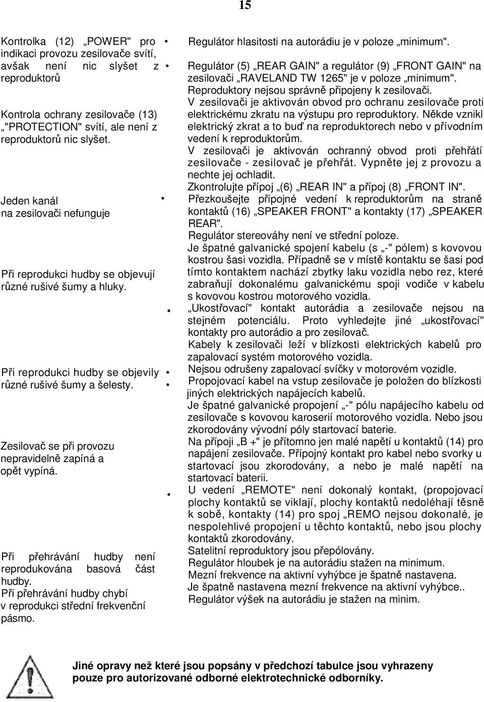 Zesilova se pi provozu nepravideln zapíná a opt vypíná. Pi pehrávání hudby není reprodukována basová ást hudby. Pi pehrávání hudby chybí v reprodukci stední frekvenní pásmo.