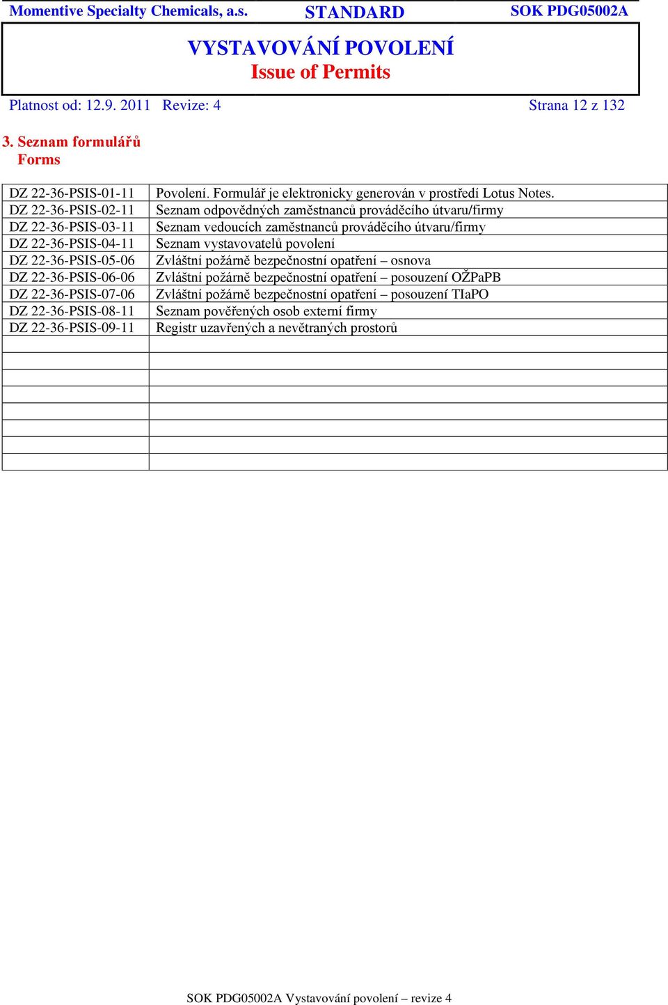 22-36-PSIS-08-11 DZ 22-36-PSIS-09-11 Povolení. Formulář je elektronicky generován v prostředí Lotus Notes.