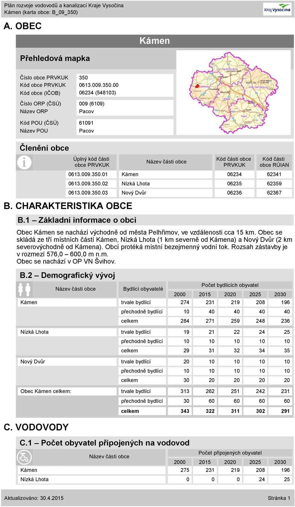 CHARAKTERISTIKA OBCE B.1 Základní informace o obci Obec Kámen se nachází východně od města Pelhřimov, ve vzdálenosti cca 15 km.