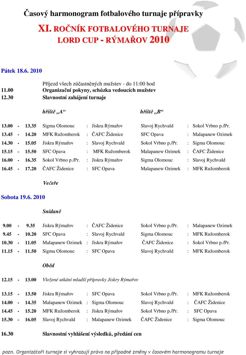 20 MFK Ružomberok : ČAFC Židenice SFC Opava : Malapanew Ozimek 14.30-15.05 Jiskra Rýmařov : Slavoj Rychvald Sokol Vrbno p./pr. : Sigma Olomouc 15.15-15.