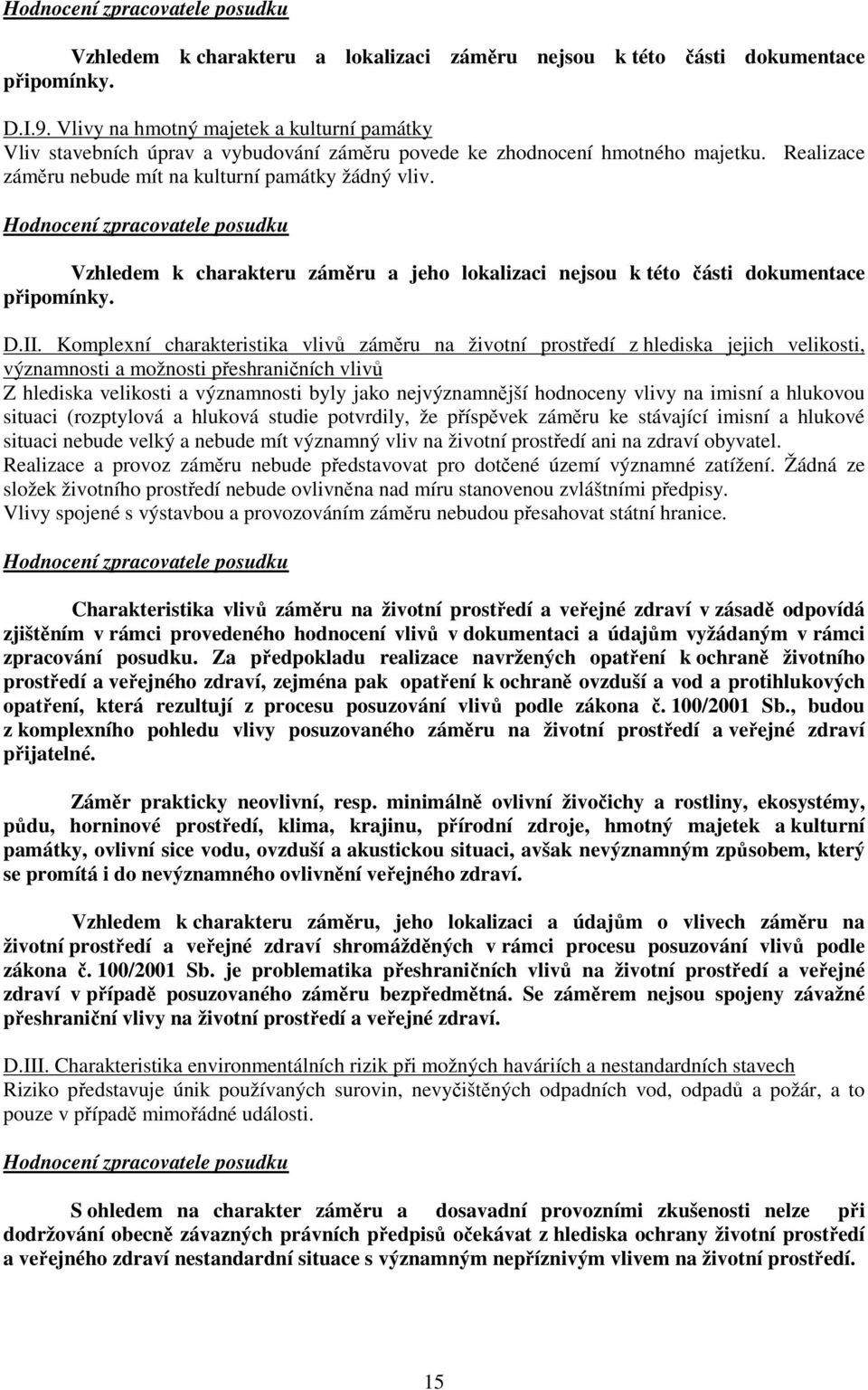 Vzhledem k charakteru záměru a jeho lokalizaci nejsou k této části dokumentace připomínky. D.II.