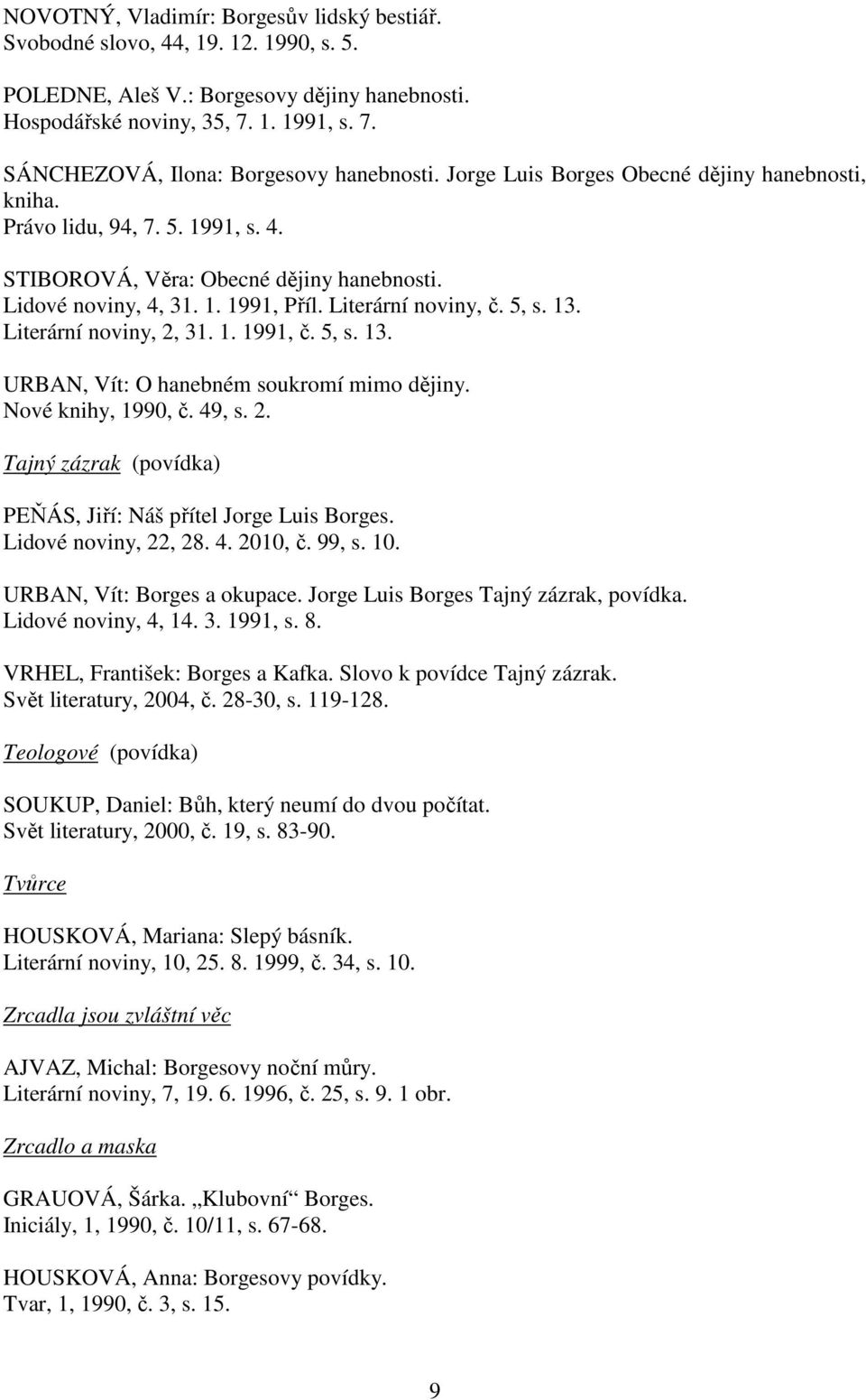 Literární noviny, 2, 31. 1. 1991, č. 5, s. 13. URBAN, Vít: O hanebném soukromí mimo dějiny. Nové knihy, 1990, č. 49, s. 2. Tajný zázrak (povídka) PEŇÁS, Jiří: Náš přítel Jorge Luis Borges.