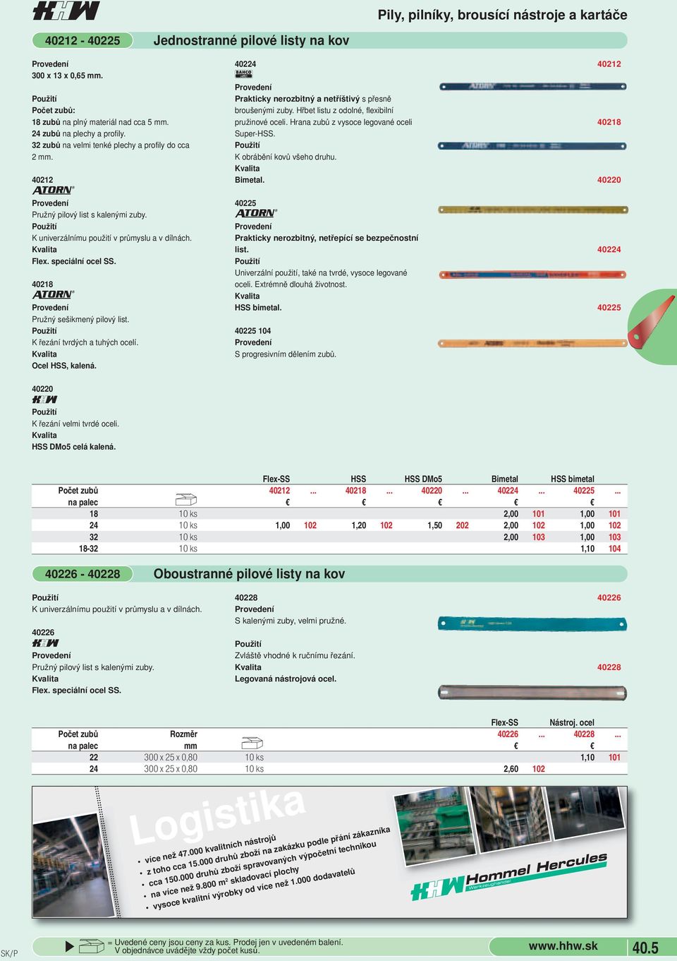 4218 Pružný sešikmený pilový list. K řezání tvrdých a tuhých ocelí. Ocel HSS, kalená. 4224 L Prakticky nerozbitný a netříštivý s přesně broušenými zuby.