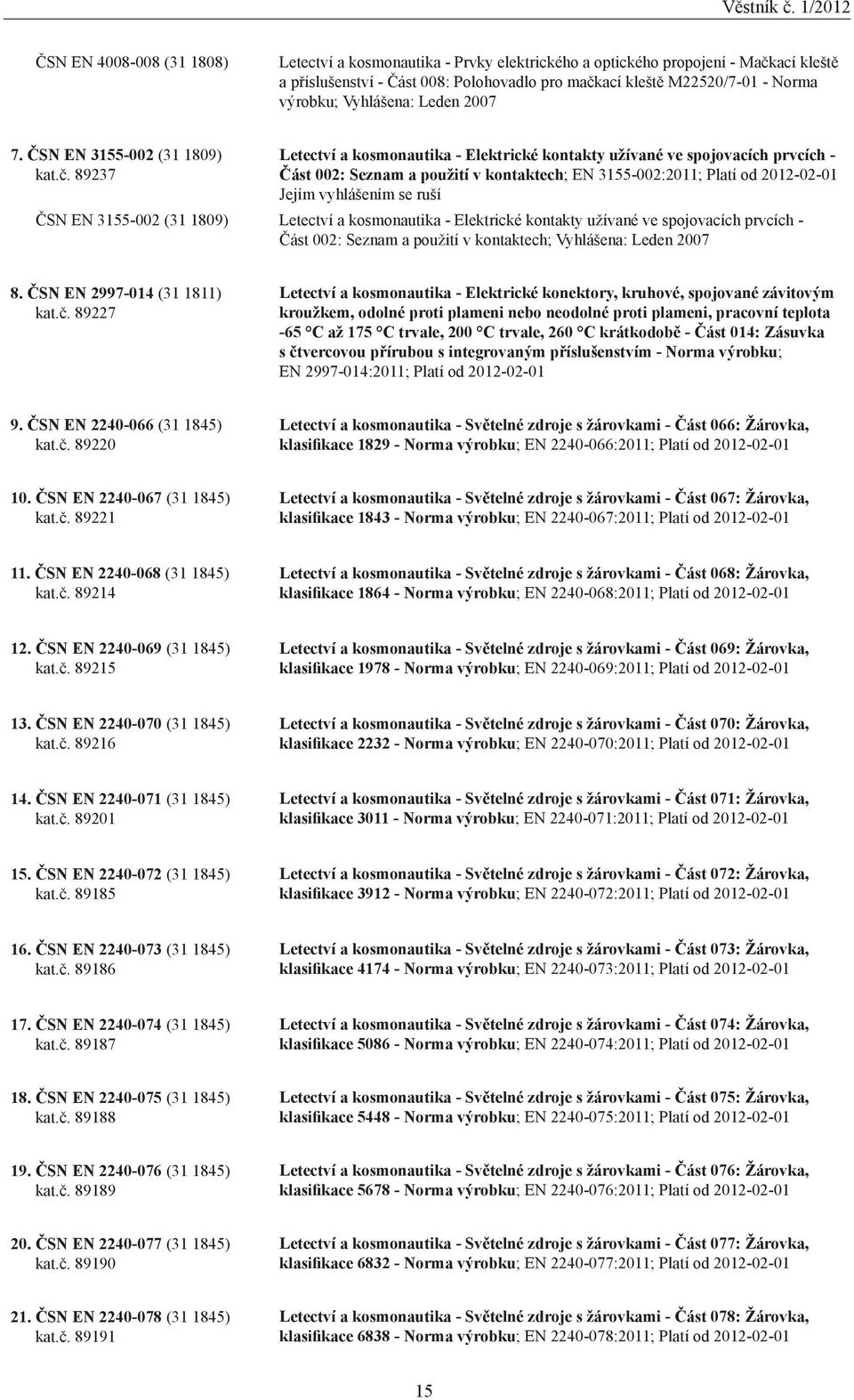 89237 Letectví a kosmonautika - Elektrické kontakty užívané ve spojovacích prvcích - Část 002: Seznam a použití v kontaktech; EN 3155-002:2011; Platí od 20-01 Jejím vyhlášením se ruší ČSN EN 3155-002