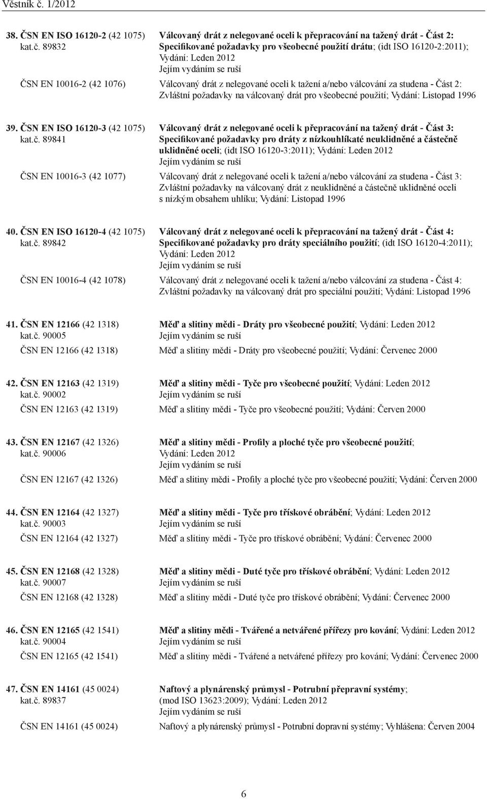 1076) Válcovaný drát z nelegované oceli k tažení a/nebo válcování za studena - Část 2: Zvláštní požadavky na válcovaný drát pro všeobecné použití; Vydání: Listopad 1996 39.