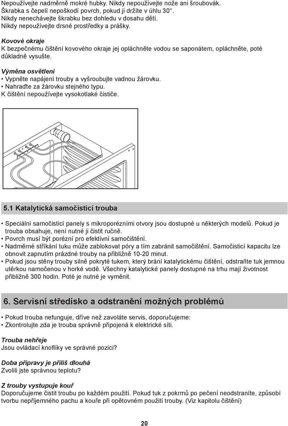 Výměna osvětlení Vypněte napájení trouby a vyšroubujte vadnou žárovku. Nahraďte za žárovku stejného typu. K čištění nepoužívejte vysokotlaké čističe. 5.