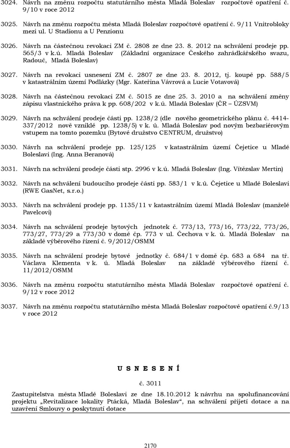 Mladá Boleslav (Základní organizace Českého zahrádkářského svazu, Radouč, Mladá Boleslav) 3027. Návrh na revokaci usnesení ZM č. 2807 ze dne 23. 8. 2012, tj. koupě pp.