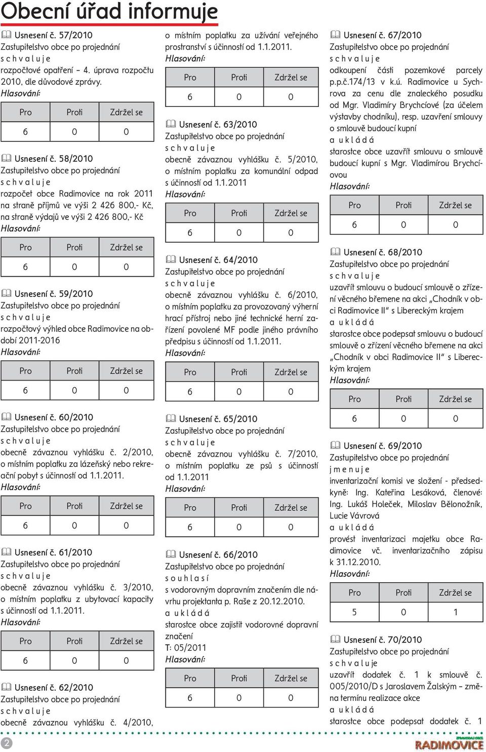 3/2010, o místním poplatku z ubytovací kapacity s účinností. Usnesení č. 62/2010 obecně závaznou vyhlášku č. 4/2010, o místním poplatku za užívání veřejného prostranství s účinností. Usnesení č. 63/2010 obecně závaznou vyhlášku č.