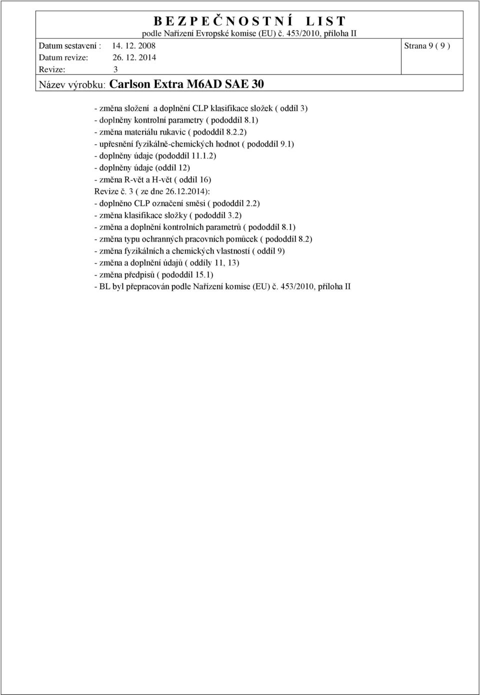 2) - změna klasifikace složky ( pododdíl 3.2) - změna a doplnění kontrolních parametrů ( pododdíl 8.1) - změna typu ochranných pracovních pomůcek ( pododdíl 8.