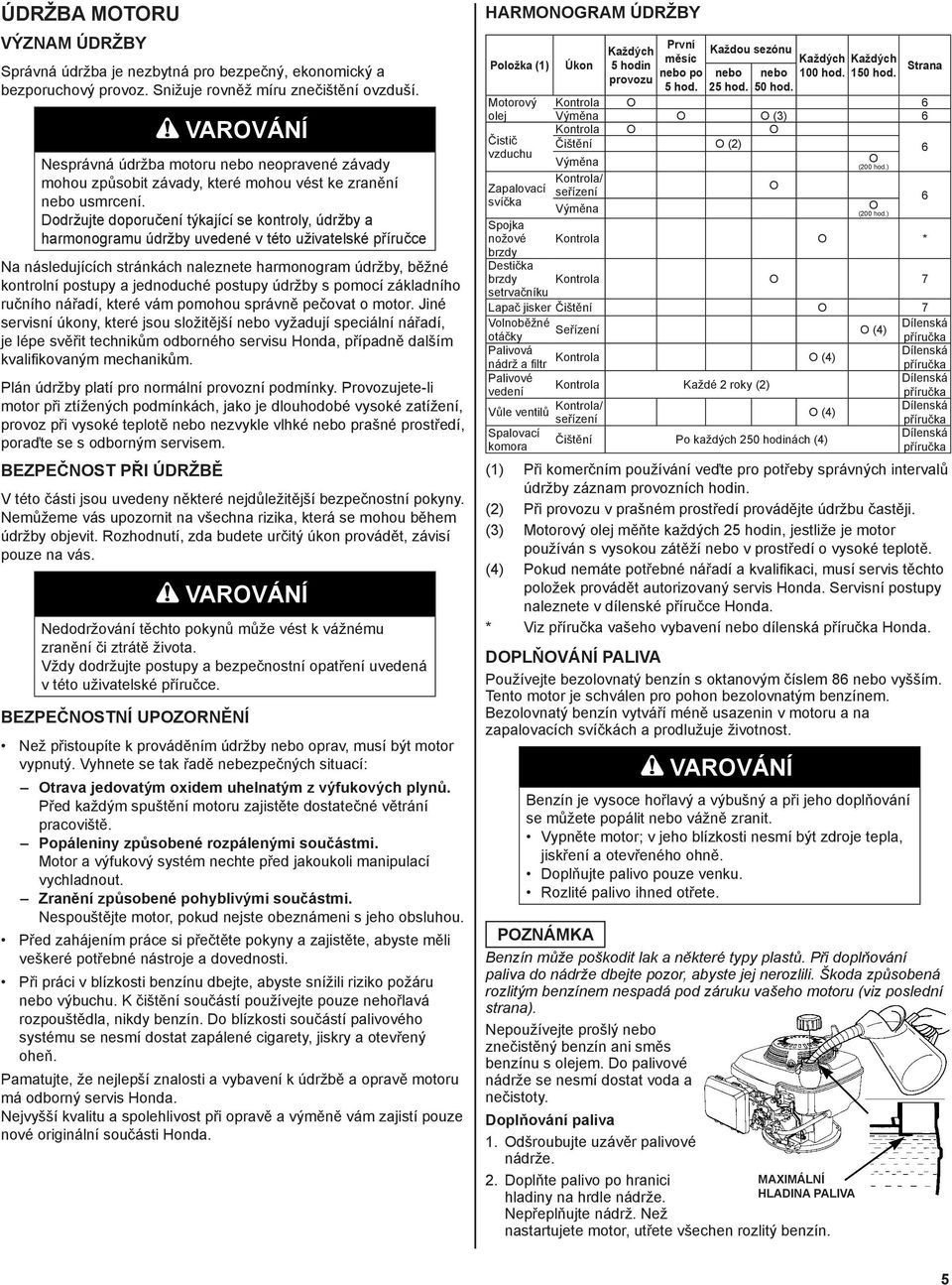 Dodržujte doporučení týkající se kontroly, údržby a harmonogramu údržby uvedené v této uživatelské příručce Na následujících stránkách naleznete harmonogram údržby, běžné kontrolní postupy a